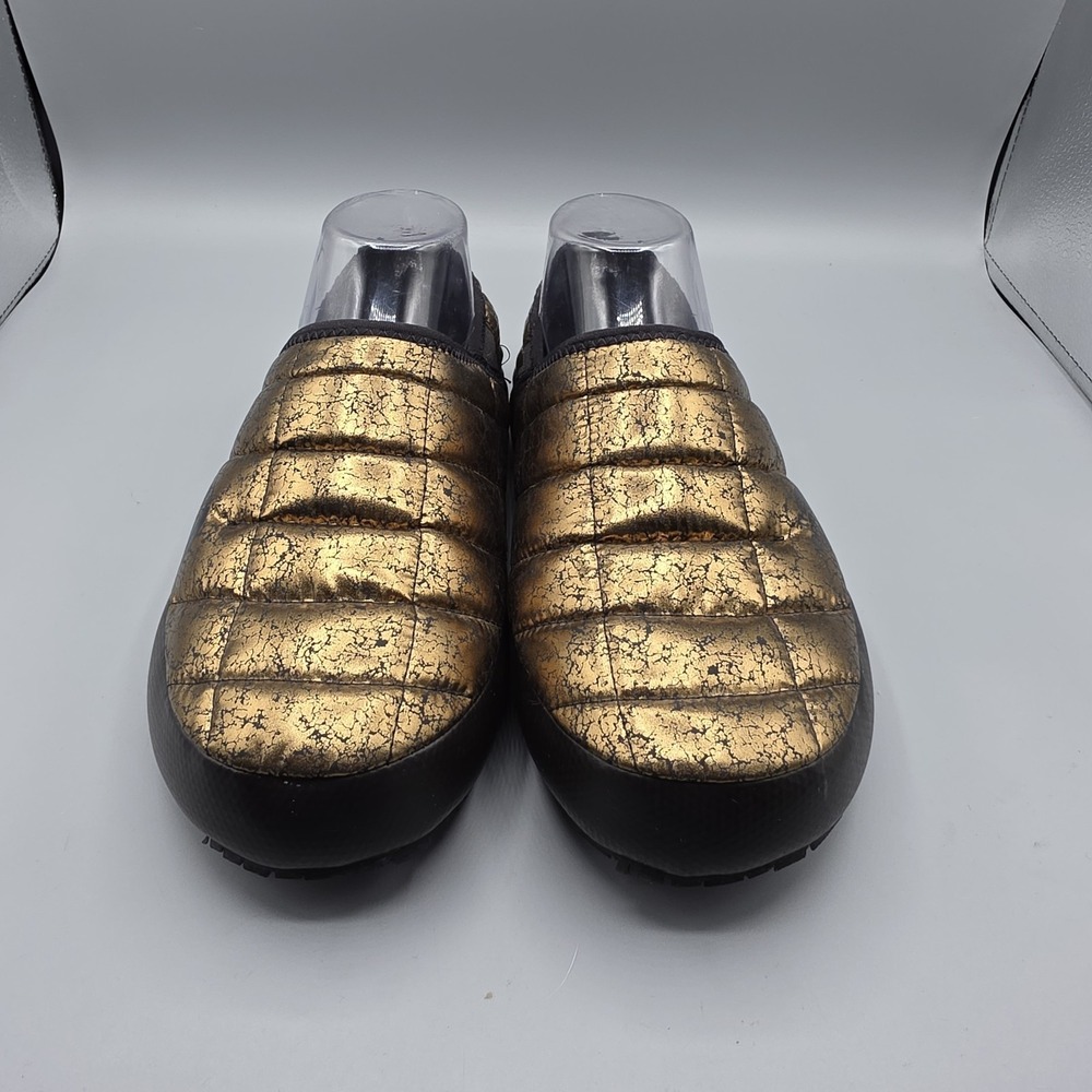 The North Face Thermoball Slippers Womens  7 Gold Black Faux Fur Lined Hard Sole - Picture 3 of 14